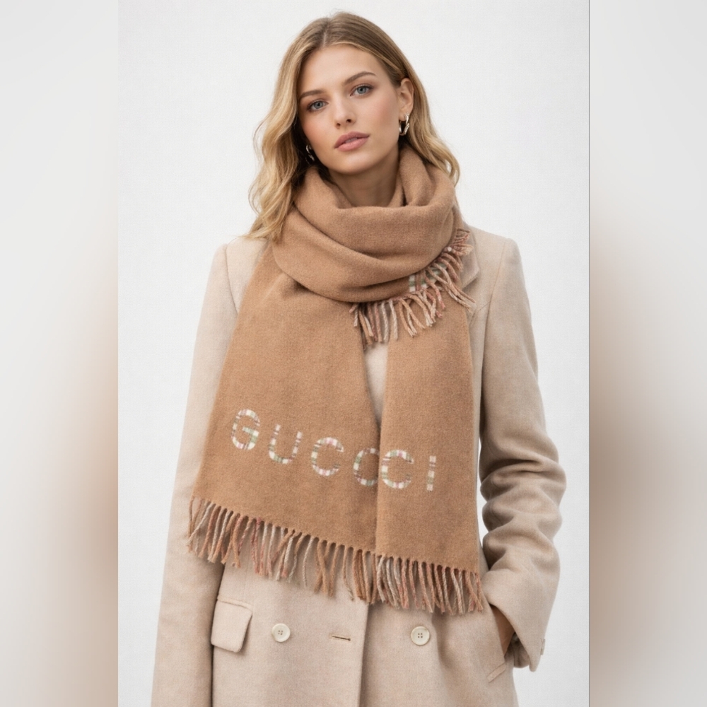 Gucci Tan Wool Scarf with Fringe